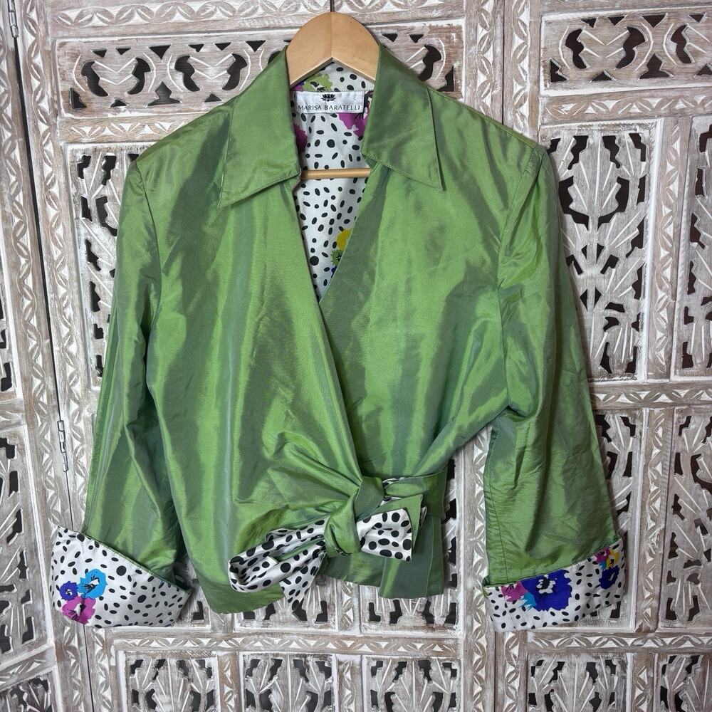 Marisa Baratelli 100% Thai Silk Wrap Top Green Polka Dot/Floral Size L Formal